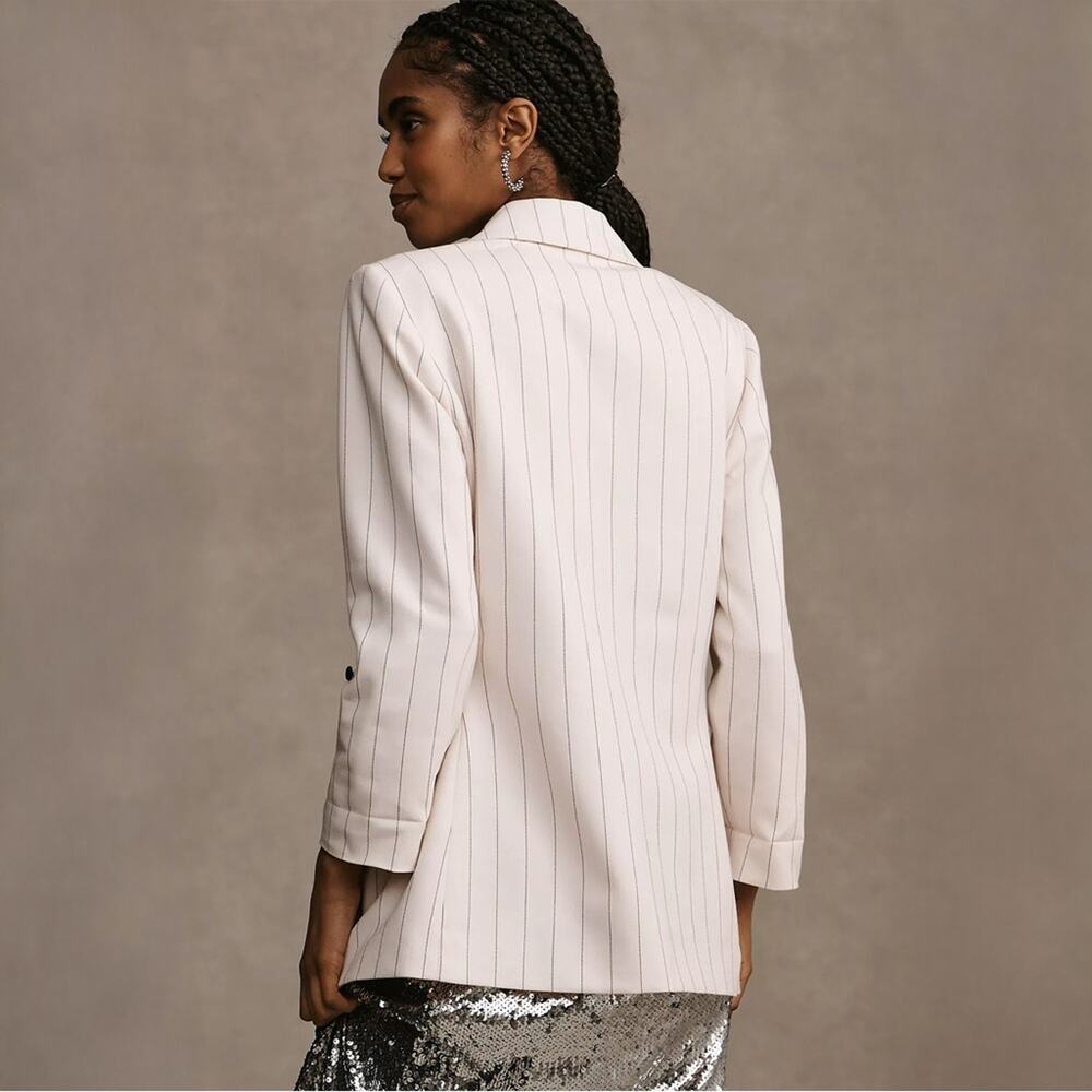 Anthropologie Maeve Striped Roll-Sleeve Blazer Black White Size 8 - Picture 3 of 11